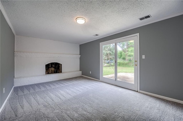 12800 W 100th St, Lenexa, KS 66215 - unfurnished living room featuring carpet, ornamental molding, a fireplace, baseboards, and a textured ceiling