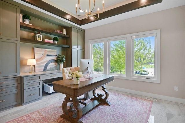 10300 W 174th St, Overland Park, KS 66221 - office area featuring baseboards, a chandelier, and a tray ceiling