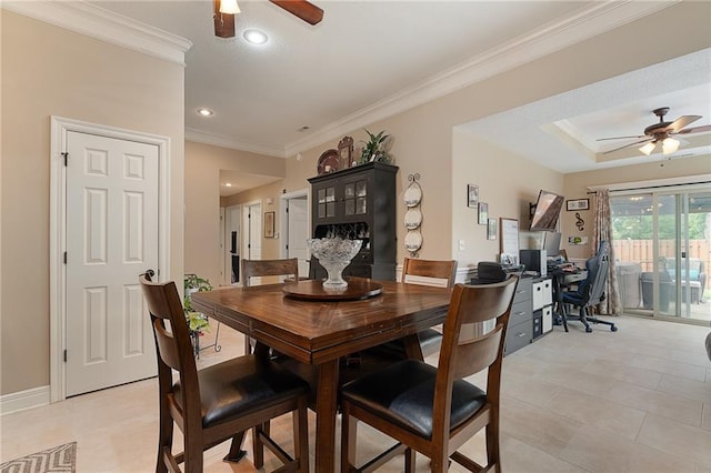 1611 NW Creekland Dr, Grain Valley, MO 64029 - dining room with a ceiling fan, a desk, ornamental molding, recessed lighting, and light tile patterned floors