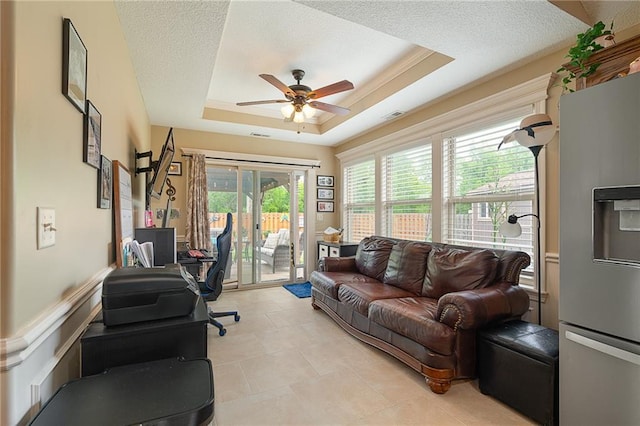 1611 NW Creekland Dr, Grain Valley, MO 64029 - office area with a ceiling fan, a raised ceiling, and light tile patterned flooring