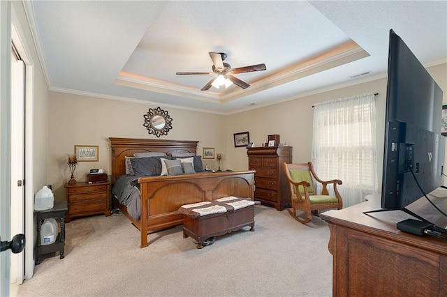 1611 NW Creekland Dr, Grain Valley, MO 64029 - bedroom with a tray ceiling, light carpet, crown molding, and ceiling fan
