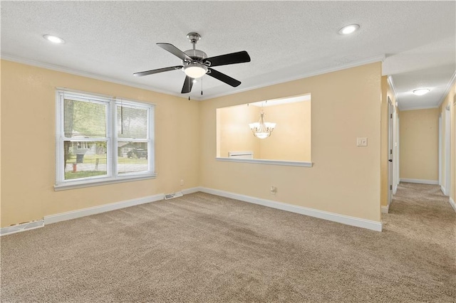5317 NE 46th St, Kansas City, MO 64117 - spare room with ornamental molding, carpet flooring, a textured ceiling, ceiling fan, and baseboards
