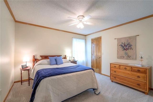 15243 Long St, Overland Park, KS 66221 - bedroom with light colored carpet, crown molding, baseboards, a ceiling fan, and a textured ceiling
