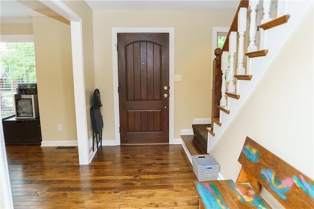 204 NW Redwood Ct, Lees Summit, MO 64064 - entrance foyer with hardwood / wood-style floors, stairway, and ornamental molding