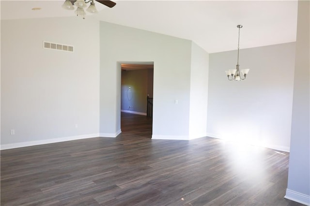 2404 Edmonds Ct, Columbia, MO 65203 - empty room featuring vaulted ceiling, a chandelier, a ceiling fan, dark wood finished floors, and baseboards
