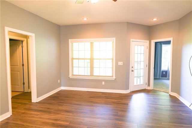 2404 Edmonds Ct, Columbia, MO 65203 - entryway featuring baseboards, ceiling fan, dark wood-type flooring, and recessed lighting