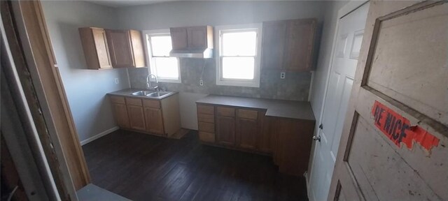 373 SW 1200th Rd, Chilhowee, MO 64733 - kitchen with a sink, dark wood finished floors, brown cabinets, and under cabinet range hood