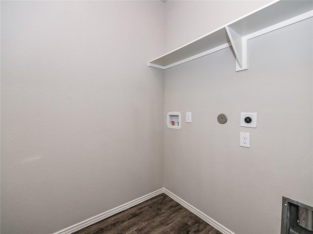 575 W Lanesfield St, Gardner, KS 66030 - laundry area with hookup for an electric dryer, hookup for a washing machine, dark wood-style floors, baseboards, and gas dryer hookup