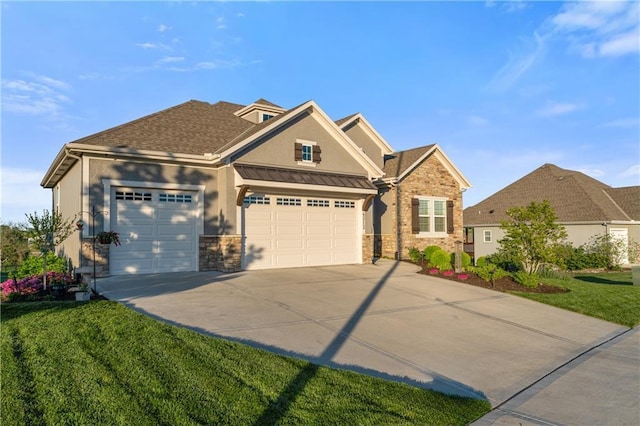 4313 Lakeview Ter, Basehor, KS 66007 - view of front of house featuring stucco siding, stone siding, an attached garage, driveway, and a front lawn