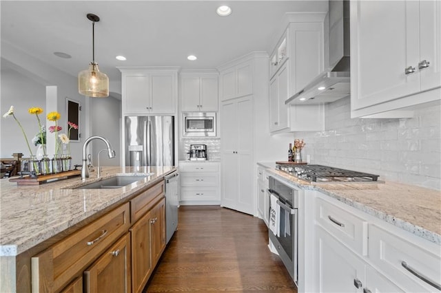 4313 Lakeview Ter, Basehor, KS 66007 - kitchen featuring wall chimney exhaust hood, a sink, stainless steel appliances, white cabinetry, and recessed lighting