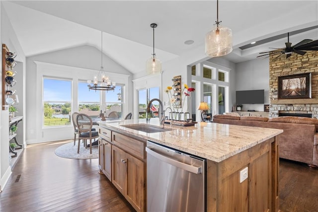 4313 Lakeview Ter, Basehor, KS 66007 - kitchen with dishwasher, a sink, dark wood-style floors, and plenty of natural light