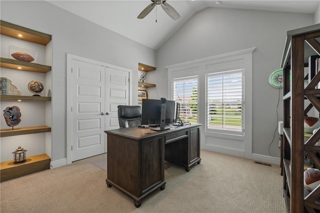 4313 Lakeview Ter, Basehor, KS 66007 - office space featuring a ceiling fan, light carpet, vaulted ceiling, and baseboards