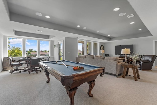 4313 Lakeview Ter, Basehor, KS 66007 - game room featuring a raised ceiling, light colored carpet, recessed lighting, healthy amount of natural light, and pool table