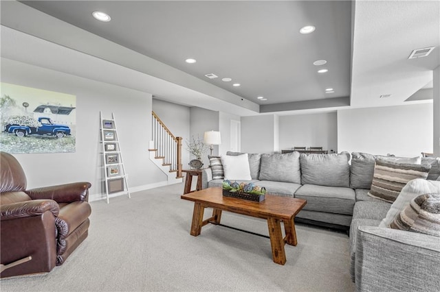 4313 Lakeview Ter, Basehor, KS 66007 - living area with stairs, recessed lighting, light colored carpet, and baseboards