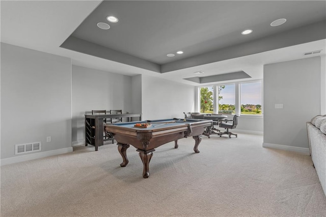 4313 Lakeview Ter, Basehor, KS 66007 - playroom with billiards, light carpet, baseboards, a tray ceiling, and recessed lighting