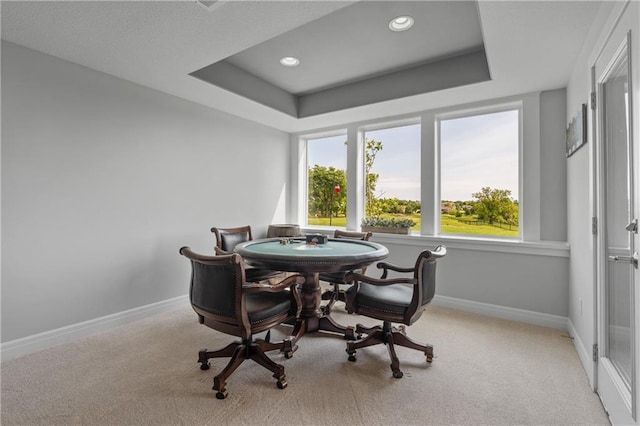 4313 Lakeview Ter, Basehor, KS 66007 - carpeted dining room featuring baseboards, a raised ceiling, and recessed lighting