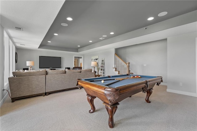 4313 Lakeview Ter, Basehor, KS 66007 - playroom with light carpet, billiards, baseboards, recessed lighting, and a raised ceiling