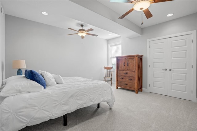 4313 Lakeview Ter, Basehor, KS 66007 - bedroom with light carpet, recessed lighting, ceiling fan, and a closet