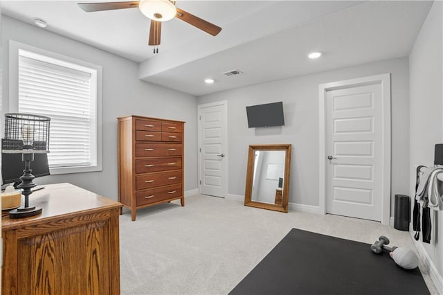 4313 Lakeview Ter, Basehor, KS 66007 - bedroom featuring light carpet, a desk, baseboards, ceiling fan, and recessed lighting