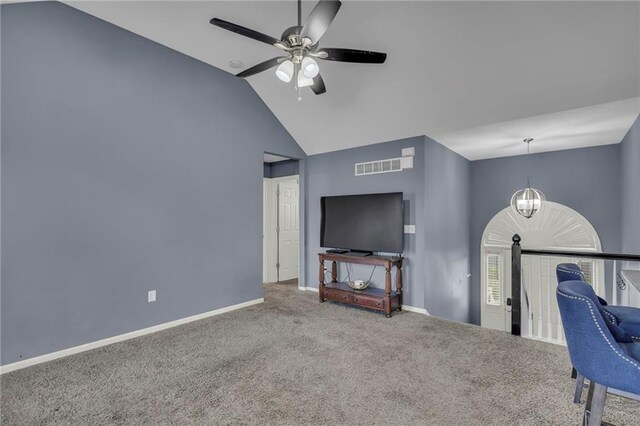 3708 N 112th St, Kansas City, KS 66109 - living room featuring ceiling fan, carpet flooring, baseboards, a chandelier, and high vaulted ceiling