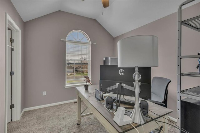 3708 N 112th St, Kansas City, KS 66109 - carpeted office featuring vaulted ceiling, a ceiling fan, and baseboards