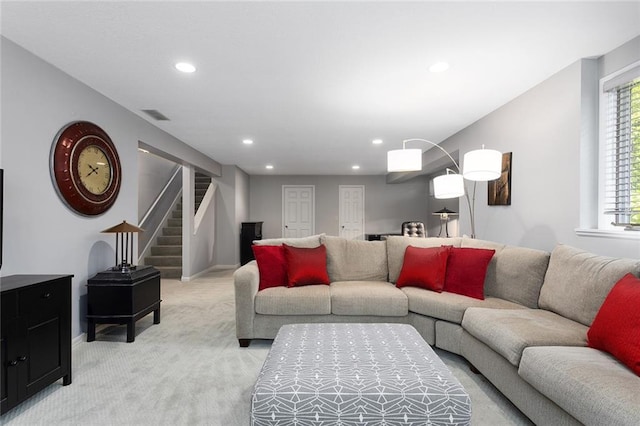 7918 W 118th Pl, Overland Park, KS 66210 - living area with stairs, recessed lighting, and light colored carpet