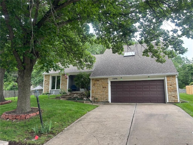 11696 Rosehill Rd, Overland Park, KS 66210 - view of front of home featuring a shingled roof, stone siding, concrete driveway, and a garage