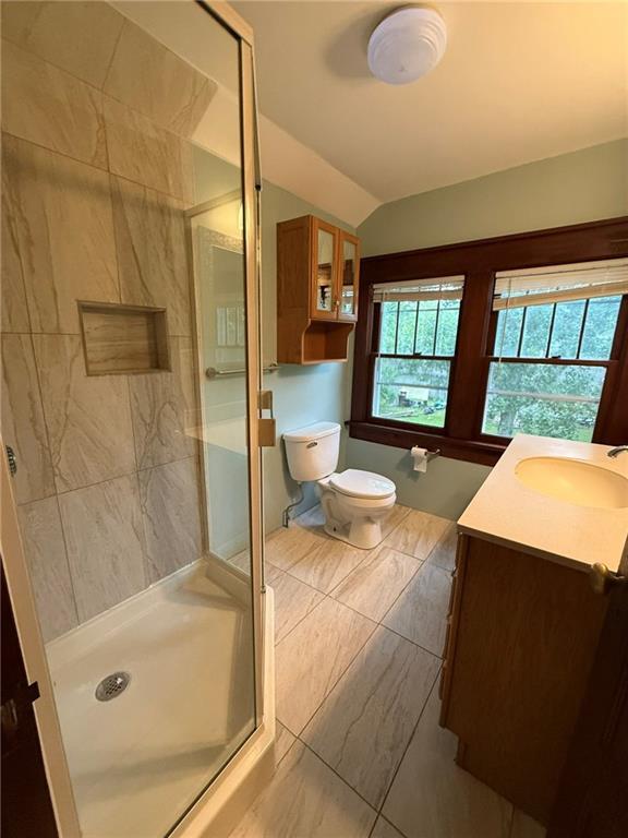 347 Walnut St, Kidder, MO 64649 - bathroom featuring vanity, toilet, a shower stall, and lofted ceiling