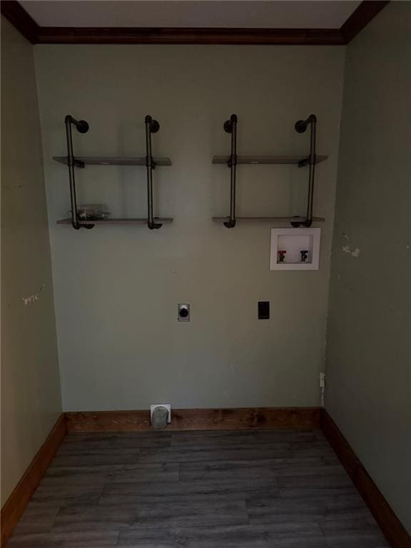 347 Walnut St, Kidder, MO 64649 - laundry room featuring hookup for a washing machine, ornamental molding, baseboards, electric dryer hookup, and wood finished floors