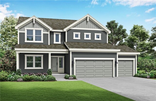 18232 W 166th St, Olathe, KS 66062 - view of front facade featuring a front yard, concrete driveway, board and batten siding, and a shingled roof