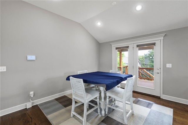 21419 W 47th Ter, Shawnee, KS 66218 - dining area featuring vaulted ceiling, wood finished floors, baseboards, french doors, and recessed lighting