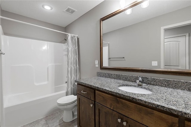 21419 W 47th Ter, Shawnee, KS 66218 - full bathroom with vanity, toilet, shower / bathtub combination with curtain, tile patterned flooring, and recessed lighting