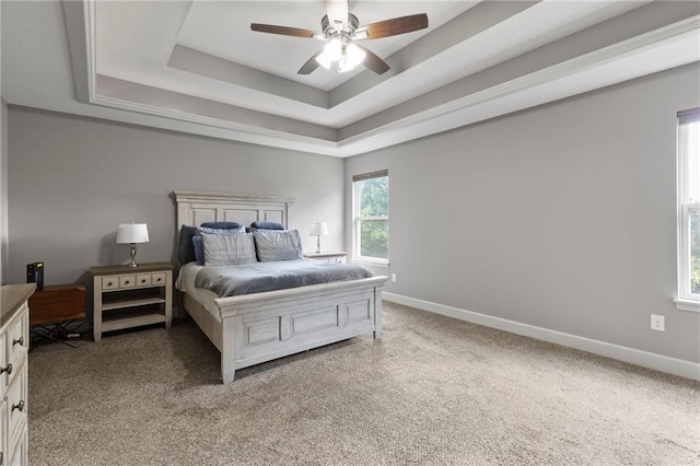 21419 W 47th Ter, Shawnee, KS 66218 - bedroom with a tray ceiling, carpet floors, baseboards, and ceiling fan