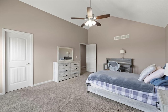 21419 W 47th Ter, Shawnee, KS 66218 - bedroom with high vaulted ceiling, carpet flooring, baseboards, and a ceiling fan