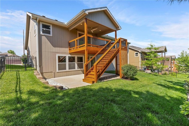 21419 W 47th Ter, Shawnee, KS 66218 - rear view of property featuring a ceiling fan, a patio, stairway, and a wooden deck