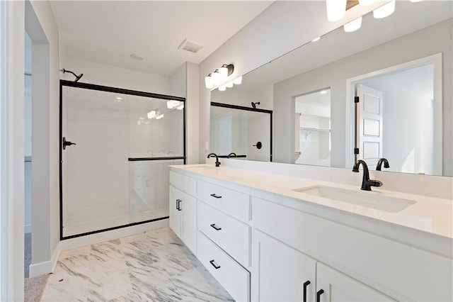 18257 W 166th St, Olathe, KS 66062 - bathroom featuring a shower stall, double vanity, a spacious closet, and marble finish floors