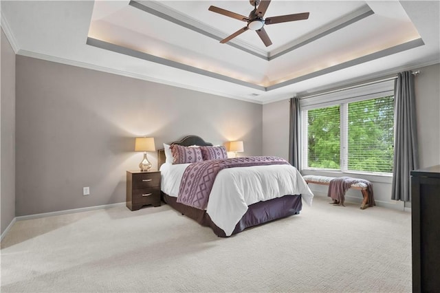 10154 N Lane Dr, Kansas City, MO 64157 - bedroom featuring a raised ceiling, carpet floors, ornamental molding, baseboards, and ceiling fan