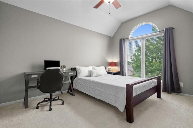10154 N Lane Dr, Kansas City, MO 64157 - bedroom featuring vaulted ceiling, light colored carpet, baseboards, a ceiling fan, and a desk