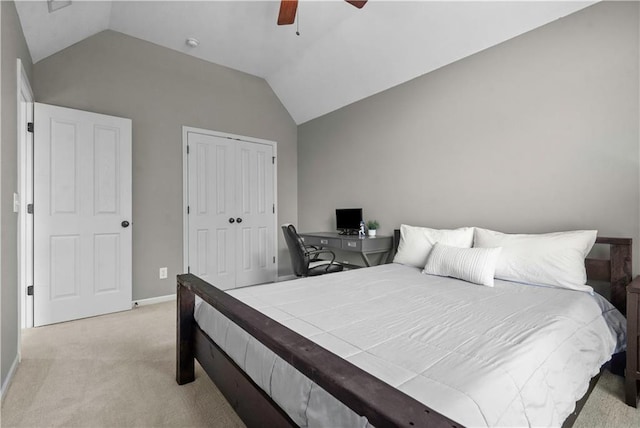10154 N Lane Dr, Kansas City, MO 64157 - bedroom featuring light colored carpet, lofted ceiling, a closet, baseboards, and ceiling fan