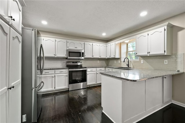 1609 NE Jade Ct, Lees Summit, MO 64086 - kitchen featuring stainless steel appliances, a sink, a peninsula, dark wood-type flooring, and a textured ceiling