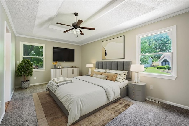 1609 NE Jade Ct, Lees Summit, MO 64086 - bedroom featuring ornamental molding, carpet flooring, a textured ceiling, baseboards, and ceiling fan