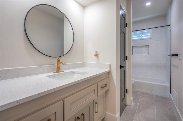 9100 Dearborn St, Overland Park, KS 66207 - bathroom with vanity, recessed lighting, tub / shower combination, and tile patterned floors