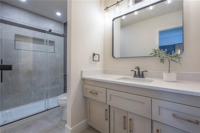 9100 Dearborn St, Overland Park, KS 66207 - full bathroom with vanity, a shower stall, tile patterned floors, and recessed lighting