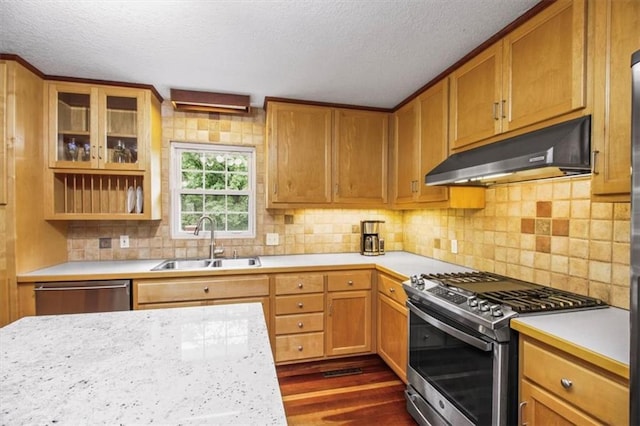 4188 Country Squire Ln, Oak Grove, MO 64075 - kitchen with under cabinet range hood, appliances with stainless steel finishes, a sink, a textured ceiling, and light countertops