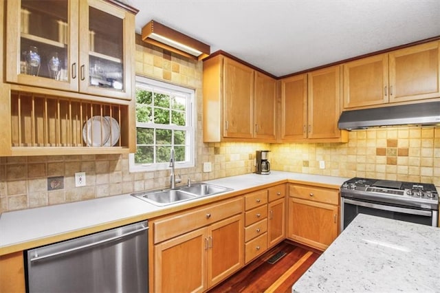 4188 Country Squire Ln, Oak Grove, MO 64075 - kitchen with under cabinet range hood, appliances with stainless steel finishes, a sink, and light countertops