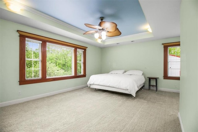 4188 Country Squire Ln, Oak Grove, MO 64075 - bedroom featuring a raised ceiling, carpet flooring, baseboards, crown molding, and a ceiling fan