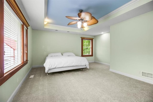 4188 Country Squire Ln, Oak Grove, MO 64075 - carpeted bedroom with a tray ceiling, a ceiling fan, baseboards, and ornamental molding