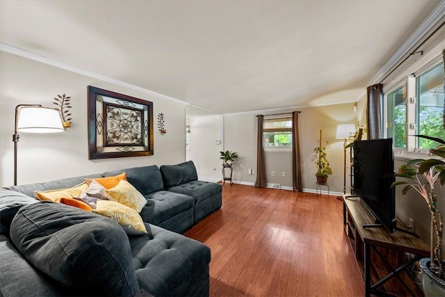 4400 Elledge Dr, Roeland Park, KS 66205 - living room with wood finished floors, baseboards, and ornamental molding