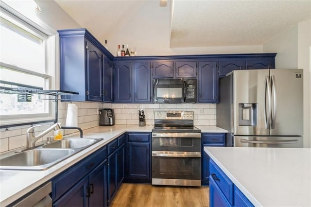 5309 NE Rainbow Cir, Lees Summit, MO 64064 - kitchen with stainless steel appliances, a sink, blue cabinets, and light countertops