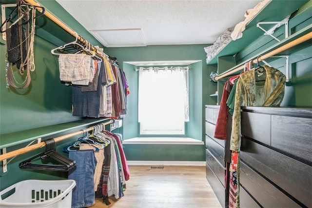 5309 NE Rainbow Cir, Lees Summit, MO 64064 - spacious closet featuring wood finished floors and attic access